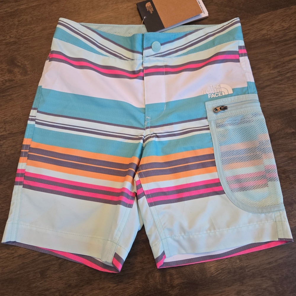 The North Face Boys Striped Board Shorts Teal Orange Pink Size 7/8 NWT